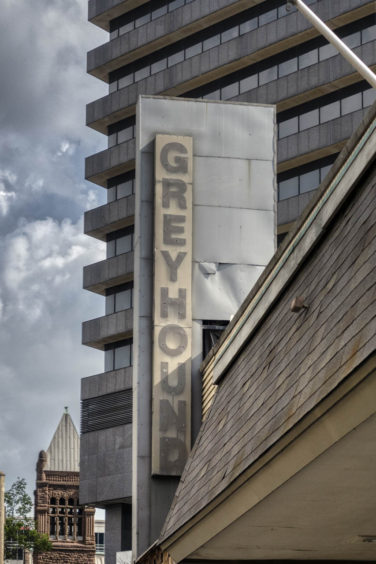 Sign for abandoned Greyhouse bus station in Birmingham Alabama
