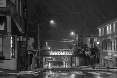 Ardmore Pennsylvania railroad bridge on snowy night