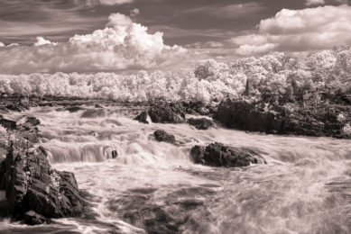 Waterfalls and clouds in infrared scene at Great Falls National Park