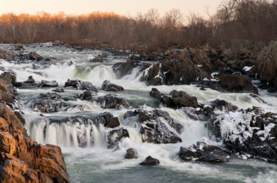 Ice on rocks in waterfalls at Great Falls National Park