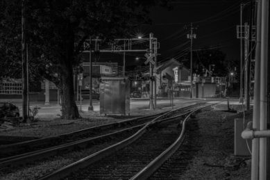 Railroad tracks leading to L&S Diner in Harrisonburg Virginia at night