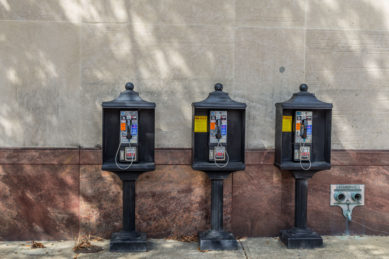 Three decorative pay telephones in Portsmith Virginia